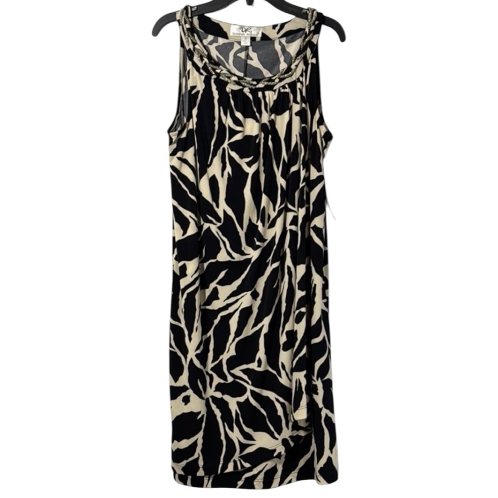 Donna Ricco Dress Black/Cream Sarong Sheath Metal Braid Neck Midi Size 12 ‎ NWT